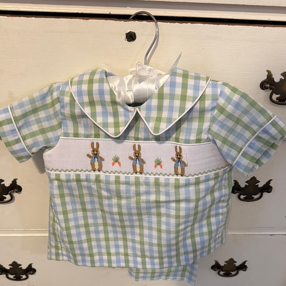 Green and Blue Plaid Baby Outfit with Bunny Embroidery
